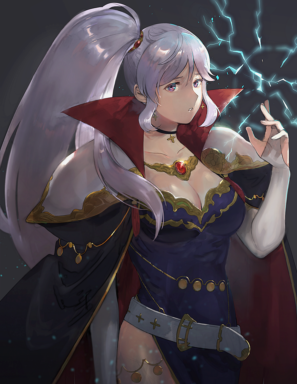 bangs belt black_cape breasts bridal_gauntlets cape choker cleavage collar collarbone collared_cape cross cross_earrings dress earrings elbow_gloves electricity fire_emblem fire_emblem:_seisen_no_keifu gem gloves highres ishtar_(fire_emblem) jewelry kyufe large_breasts lightning lips necklace parted_lips pauldrons ponytail purple_dress purple_eyes side_ponytail side_slit sidelocks silver_hair solo thighlet white_gloves