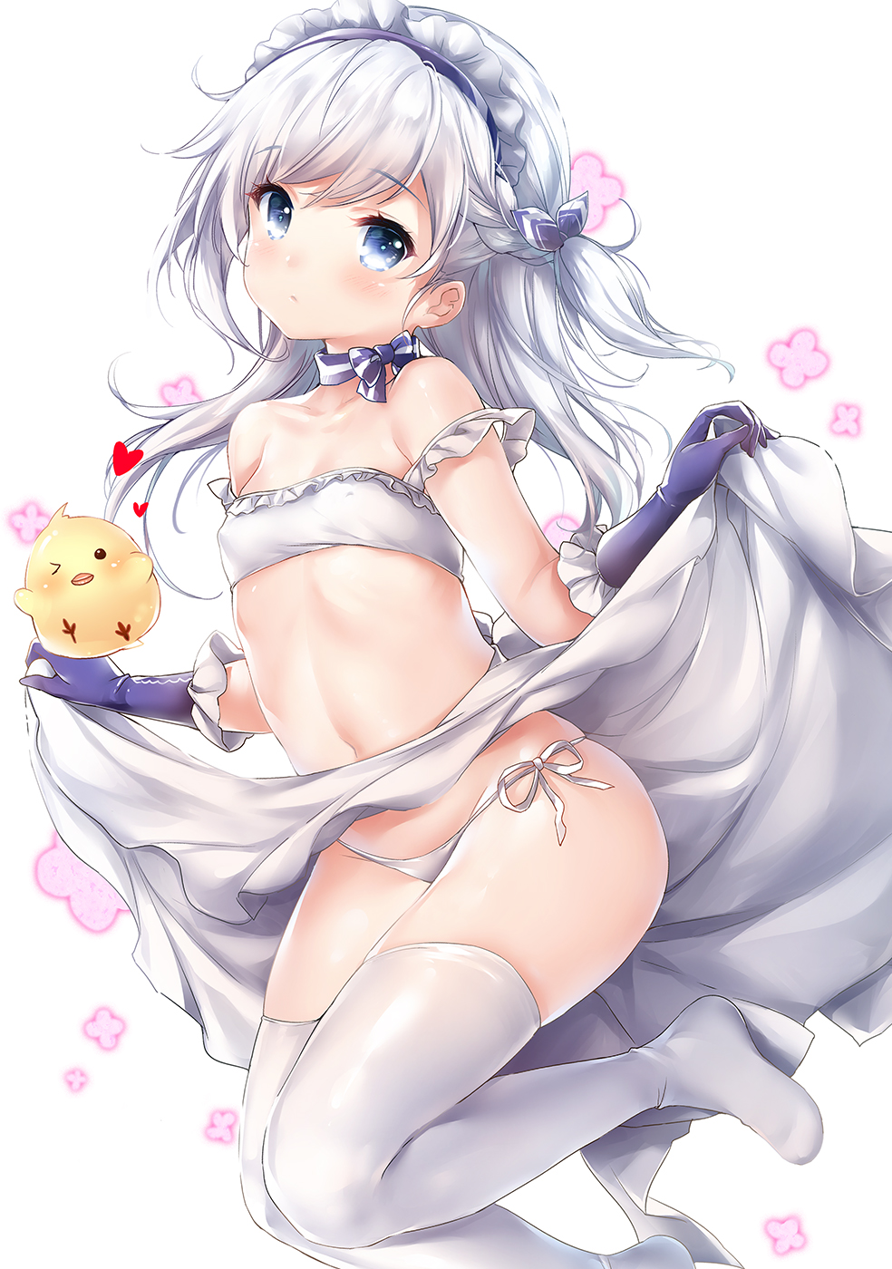 &gt;_o azur_lane bangs bare_shoulders belchan_(azur_lane) belfast_(azur_lane) bird blue_eyes blue_gloves blush bow braid breasts bright_pupils chiyingzai choker collarbone covered_nipples elbow_gloves eyebrows_visible_through_hair french_braid frill_trim gloves hair_between_eyes head_tilt highres lifted_by_self long_hair long_skirt looking_at_viewer maid_headdress navel no_shoes one_eye_closed one_side_up panties ribbon_choker side-tie_panties side_braid silver_hair simple_background skirt skirt_lift small_breasts solo strapless string_panties thighhighs tubetop underwear white_background white_legwear white_panties younger