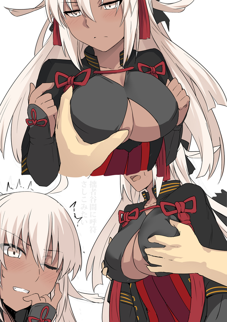 arm_guards bangs black_bow blush bow breast_grab breasts clenched_teeth closed_mouth dark_skin eyebrows_visible_through_hair face fate/grand_order fate_(series) grabbing grabbing_from_behind groping hair_between_eyes hair_bow hand_on_own_cheek high-waist_skirt large_breasts long_hair looking_down multiple_views okita_souji_(alter)_(fate) okita_souji_(fate)_(all) open_mouth out_of_frame pleated_skirt red_skirt shiseki_hirame shrug_(clothing) skirt sweatdrop teeth trembling underboob very_long_hair white_eyes white_hair wince