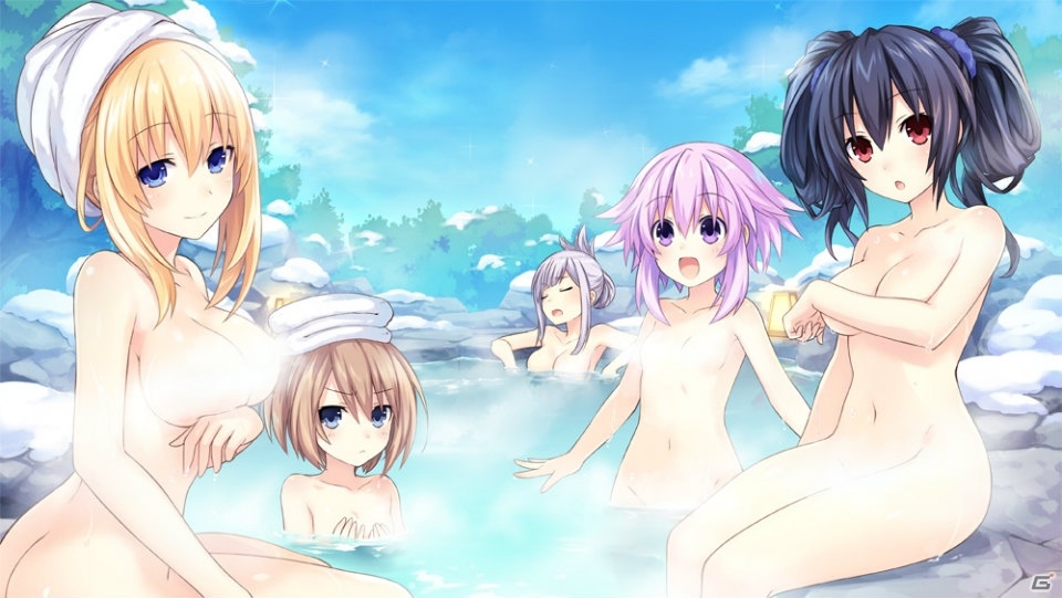 ass black_hair blanc blonde_hair blue_eyes blush brave_neptune breasts brown_hair closed_eyes convenient_censoring hair_ornament large_breasts long_hair looking_at_viewer medium_breasts multiple_girls neptune_(choujigen_game_neptune) neptune_(series) noire nude official_art onsen open_mouth purple_eyes purple_hair red_eyes short_hair sitting smile steam steam_censor towel tsunako twintails vert water