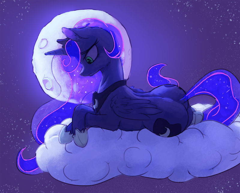 2017 alcor90 blue_feathers cloud color_edit colored cosmic_hair crown cutie_mark edit equine eyebrows eyelashes feathered_wings feathers female feral friendship_is_magic hair hooves horn long_hair looking_down lying mammal moon my_little_pony night nude outside princess_luna_(mlp) raikoh-illust royalty sad sky solo star starry_sky teal_eyes winged_unicorn wings