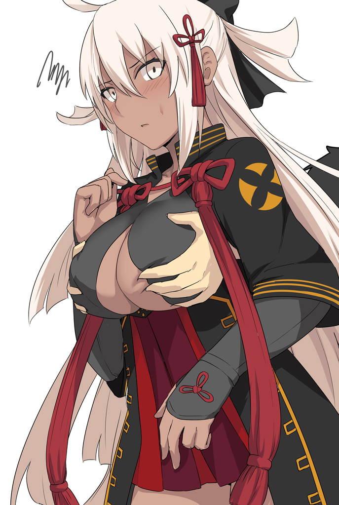 arm_guards black_bow blush bow breast_grab breasts dark_skin fate/grand_order fate_(series) grabbing grabbing_from_behind groping hair_between_eyes hair_bow half_updo high-waist_skirt large_breasts long_hair looking_back okita_souji_(alter)_(fate) okita_souji_(fate)_(all) out_of_frame parted_lips pleated_skirt red_skirt shiseki_hirame shrug_(clothing) skirt solo_focus sweatdrop underboob very_long_hair white_eyes white_hair