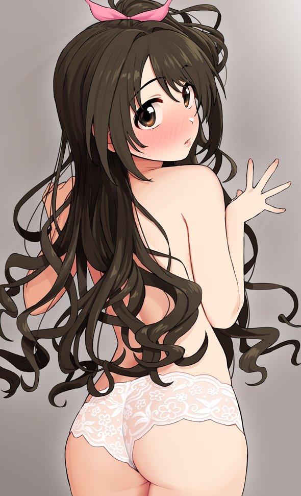 against_wall ass back bangs blush bow brown_eyes brown_hair convenient_arm cowboy_shot embarrassed eyebrows_visible_through_hair from_behind hair_bow hair_intakes idolmaster idolmaster_cinderella_girls lace lace_panties lingerie lips long_hair looking_at_viewer looking_back nail_polish omaru_gyuunyuu panties parted_lips pink_lips pink_nails see-through shimamura_uzuki side_ponytail simple_background solo topless underwear underwear_only wavy_hair white_panties