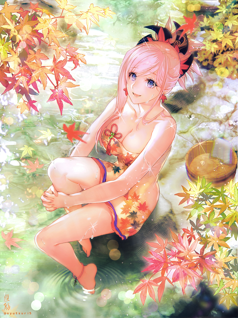 :d anklet asymmetrical_hair bare_arms bare_shoulders barefoot breasts cleavage commentary_request day earrings eyebrows_visible_through_hair fate/grand_order fate_(series) full_body glint hair_ornament jewelry large_breasts leaf leaf_print long_hair looking_at_viewer maple_leaf miyamoto_musashi_(fate/grand_order) open_mouth outdoors pink_hair ponytail purple_eyes revision ripples shutsuri sitting smile soaking_feet solo towel water_drop wet