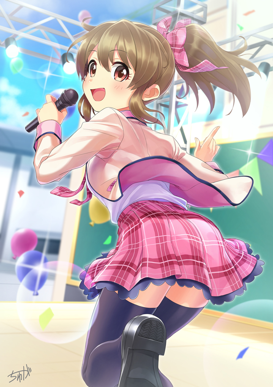 balloon blue_sky blush_stickers breasts brown_hair commentary_request confetti day frilled_skirt frills hair_ribbon highres hori_yuuko idolmaster idolmaster_cinderella_girls jacket medium_breasts microphone necktie pink_ribbon pink_skirt plaid ponytail ribbon signature skirt sky smile sparkle stage stage_lights thighhighs tyuga