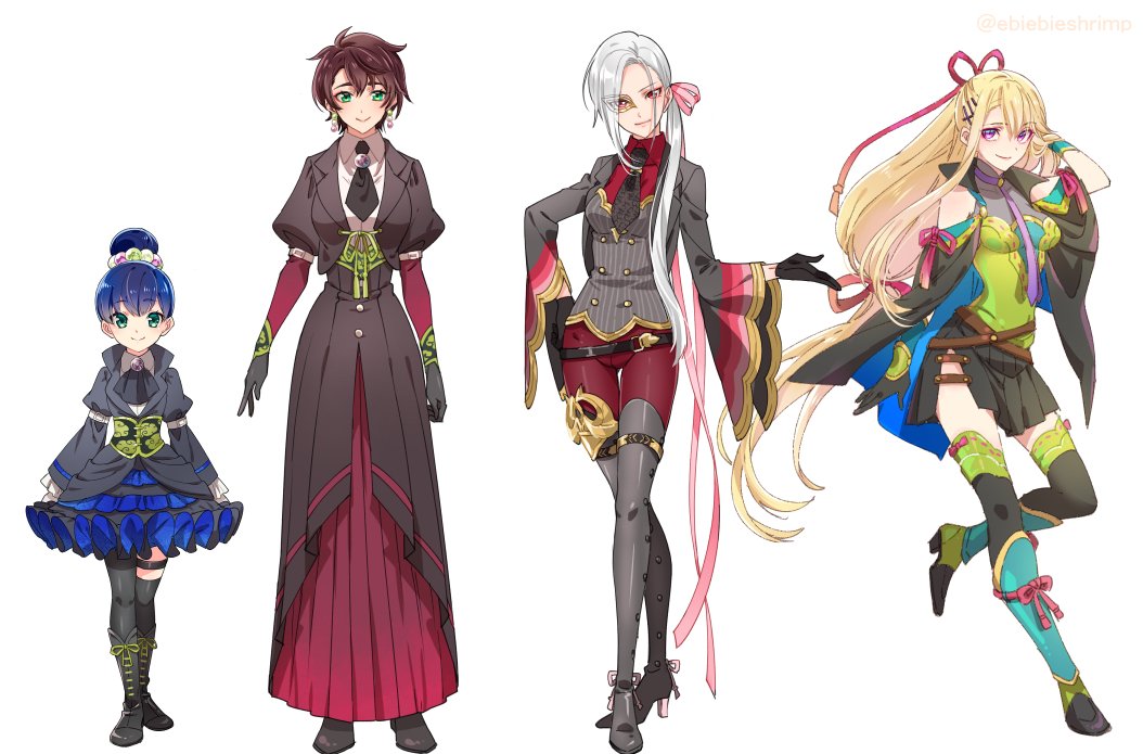 azuki_nagamitsu_(touken_ranbu) bare_shoulders black_gloves black_skirt blonde_hair blue_hair boots brown_hair crossed_legs daihannya_nagamitsu_(touken_ranbu) dress frilled_dress frills full_body genderswap genderswap_(mtf) gloves grey_footwear hair_bun hair_ribbon kenshin_kagemitsu kouryuu_kagemitsu long_hair looking_at_viewer low-tied_long_hair multiple_girls necktie pants pleated_skirt ponytail red_pants ribbon short_hair shuri_(84k) silver_hair simple_background skirt smile standing standing_on_one_leg thigh_boots thighhighs touken_ranbu watson_cross white_background wide_sleeves