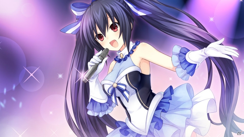 bare_shoulders black_hair blush brave_neptune breasts frills hair_ornament hair_ribbon long_hair looking_at_viewer medium_breasts microphone neptune_(series) noire official_art open_mouth red_eyes ribbon smile solo spotlight tsunako twintails