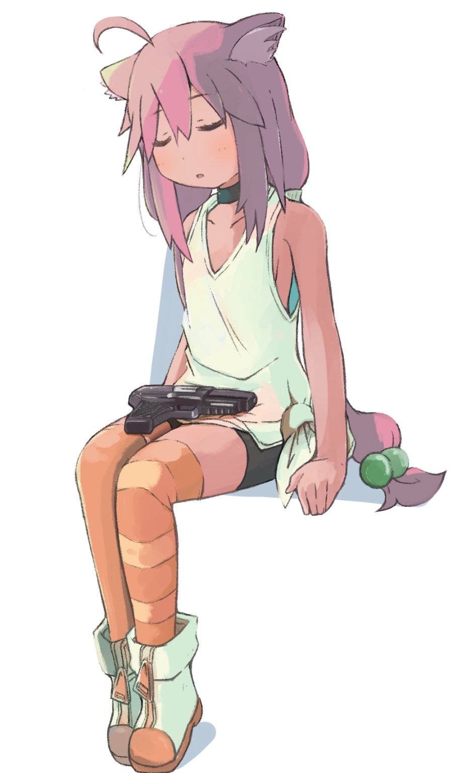 ahoge animal_ear_fluff animal_ears bike_shorts boots cat_ears choker closed_eyes commentary_request gun hair_bobbles hair_ornament handgun highres hinata_channel long_hair low_twintails mismatched_legwear nekomiya_hinata orange_legwear pink_hair pistol riva0412 shorts sitting sleeping sleeping_upright solo striped striped_legwear twintails vest virtual_youtuber weapon weapon_request white_footwear white_vest