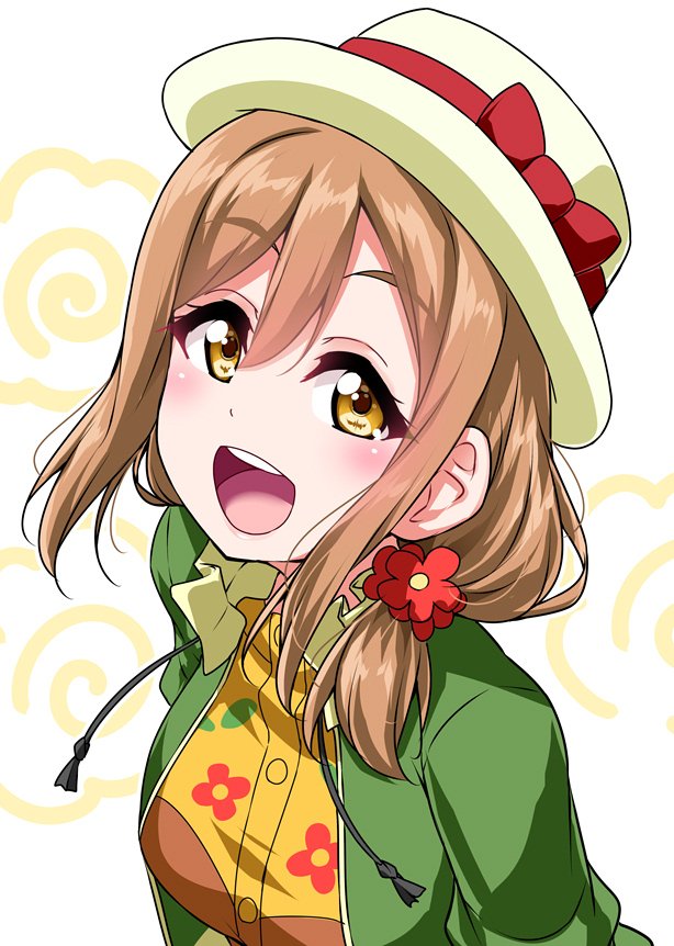 1girl :d blush bow brown_hair commentary_request drawstring floral_print flower green_jacket hair_flower hair_ornament hair_over_shoulder hat hat_bow jacket kunikida_hanamaru long_hair looking_at_viewer love_live! love_live!_sunshine!! love_live!_sunshine!!_the_school_idol_movie_over_the_rainbow low-tied_long_hair open_mouth orange_skirt red_bow red_flower skirt smile solo upper_body white_hat yellow_eyes yopparai_oni