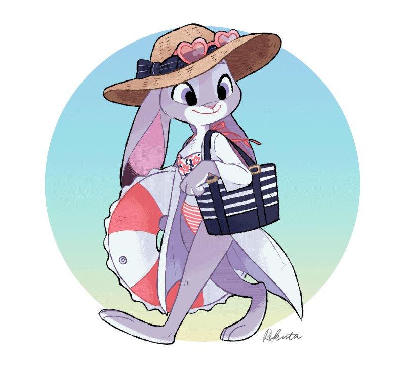 anthro barefoot bikini clothed clothing disney english_text eyewear female fur hat judy_hopps lagomorph mammal purple_eyes rabbit rikuta simple_background solo sunglasses swimsuit text zootopia