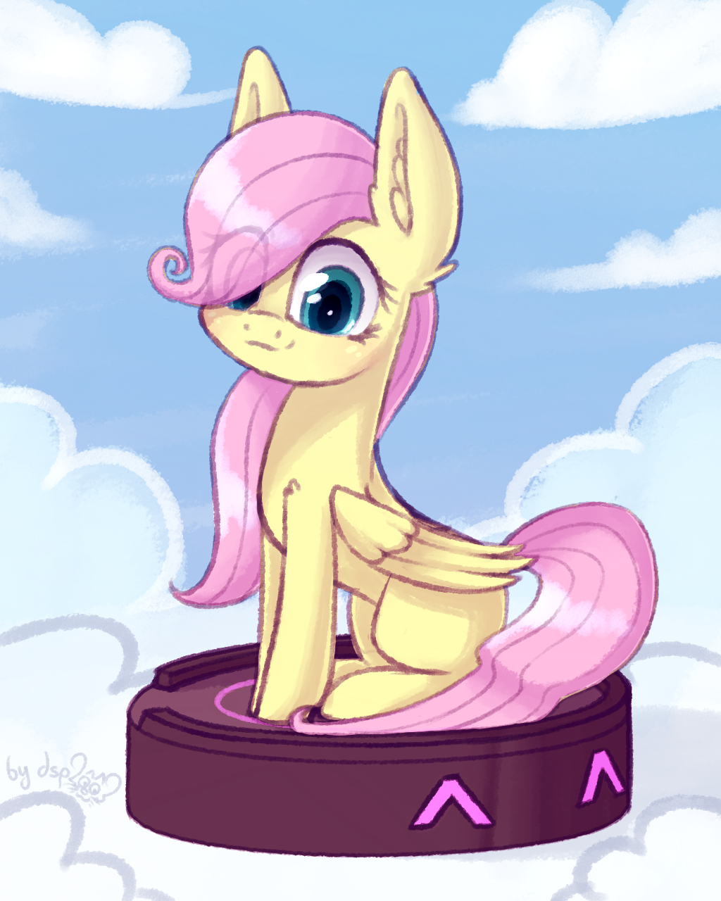 2018 cloud cute dsp2003 equine eyelashes feathered_wings feathers female feral fluttershy_(mlp) friendship_is_magic fur hair hooves inner_ear_fluff long_hair mammal my_little_pony nude outside pegasus pink_hair portrait roomba signature sitting sky smile solo teal_eyes wings yellow_feathers