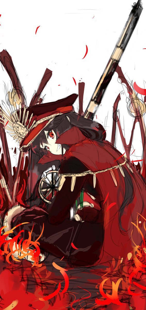 black_hair black_jacket cape fate_(series) from_side grin gun hat highres jacket koha-ace long_hair looking_at_viewer miruto_netsuki musket oda_nobunaga_(fate) peaked_cap planted_weapon red_cape red_eyes sitting sketch smile solo weapon