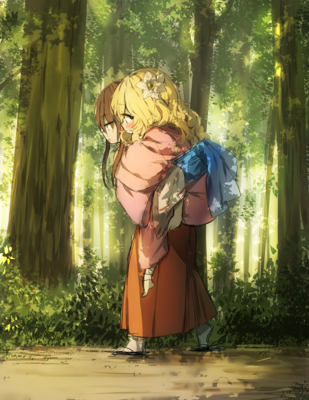 barefoot black_footwear blonde_hair blue_sash blush brown_hair carrying commentary_request eyebrows_visible_through_hair flower forest from_side full_body hair_flower hair_ornament hair_tubes hakurei_reimu japanese_clothes kimono kirisame_marisa long_hair long_sleeves multiple_girls nature no_hat no_headwear obi outdoors parted_lips piggyback pink_kimono piyokichi profile red_skirt ribbon-trimmed_sleeves ribbon_trim sandals sash sidelocks skirt socks touhou walking white_legwear wide_sleeves yellow_flower younger