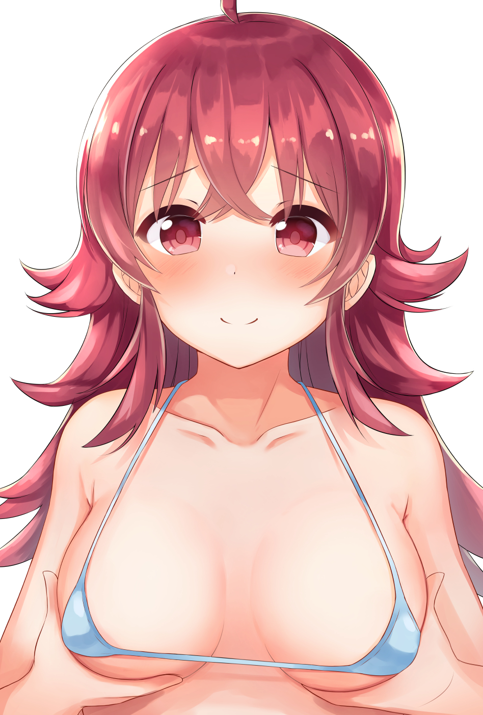 ahoge bangs bare_shoulders bikini blue_bikini blush breast_lift breasts closed_mouth collarbone commentary_request crossed_bangs eyebrows_visible_through_hair hair_between_eyes highres idolmaster idolmaster_shiny_colors komiya_kaho long_hair looking_at_viewer medium_breasts micro_bikini noa_(letizia) nose_blush red_eyes red_hair simple_background smile solo swimsuit very_long_hair white_background