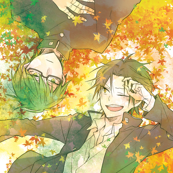 ;d autumn_leaves bad_id bad_pixiv_id bandaged_fingers bandages black_hair black_jacket brown_eyes collared_shirt frown gakuran glasses green_hair hand_on_own_chest jacket kuroko_no_basuke leaf long_sleeves looking_at_another looking_at_viewer male_focus midorima_shintarou multiple_boys noeru_(putty) one_eye_closed open_clothes open_jacket open_mouth school_uniform shirt smile takao_kazunari upside-down white_shirt