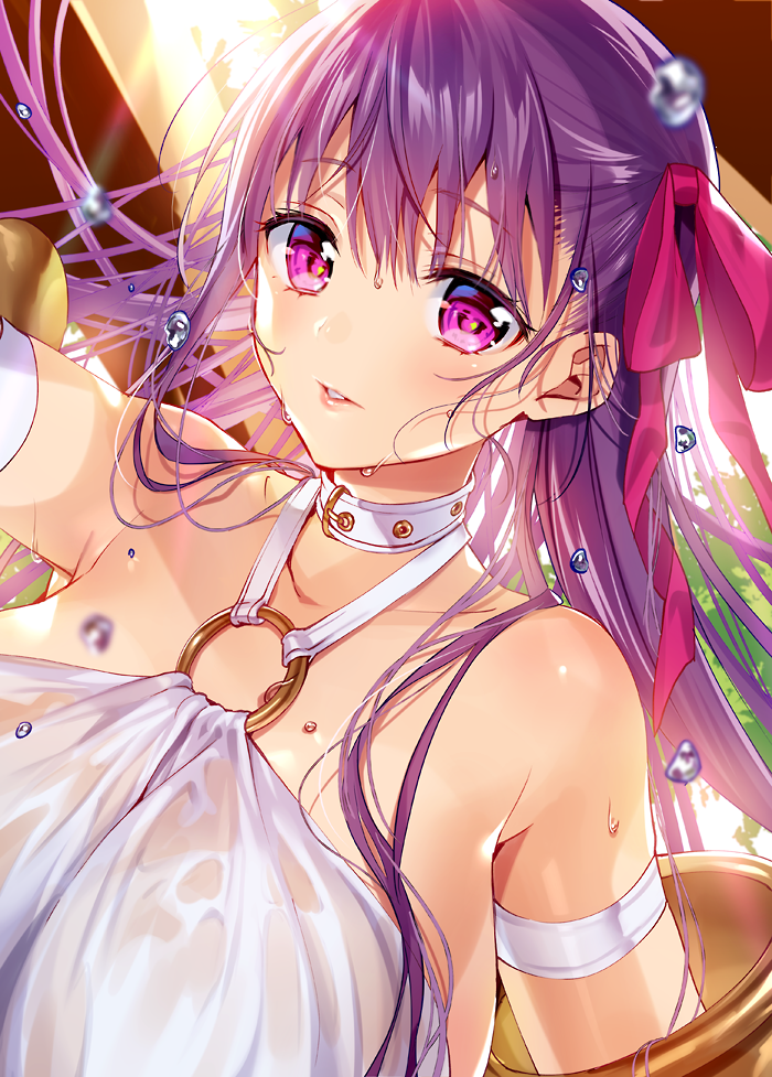 armlet bangs bare_shoulders belt_collar breasts collarbone commentary_request eyebrows_visible_through_hair fate/extra fate/extra_ccc fate/grand_order fate_(series) hair_between_eyes hair_ribbon huge_breasts murakami_yuichi o-ring o-ring_top outdoors passion_lip pink_eyes pink_ribbon purple_eyes purple_hair pursed_lips revealing_clothes ribbon see-through