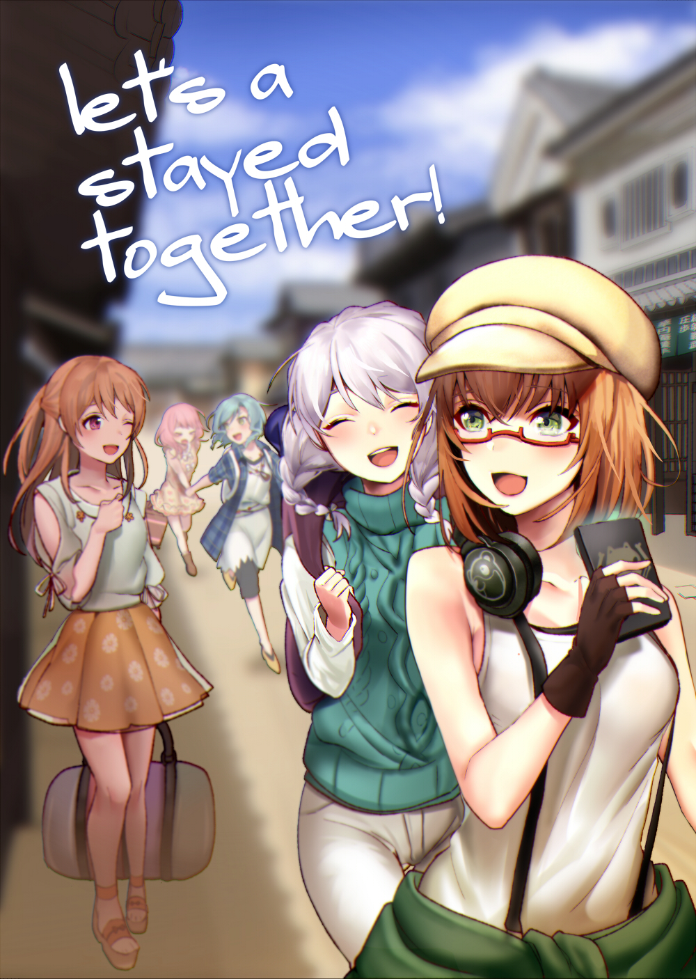:d ;d ^_^ ankle_strap bag bang_dream! bangs beige_hat black_pants blonde_hair blue_hair blue_shirt blurry blurry_background boots braid brown_footwear brown_hair cabbie_hat capri_pants cellphone closed_eyes clothes_around_waist collarbone commentary_request cover cover_page day doujin_cover dragging dress engrish floral_print glasses green_eyes grey_pants half_updo hand_on_own_chest handbag hat headphones headphones_around_neck highres hikawa_hina holding holding_bag holding_hands holding_phone holding_strap house jacket_around_waist jewelry long_hair long_shirt long_sleeves looking_back maruyama_aya multiple_girls necklace nochita_shin one_eye_closed open_mouth outdoors pants pants_under_dress pastel_palettes phone pink_hair plaid plaid_shirt print_skirt purple_eyes ranguage round_teeth running sandals semi-rimless_eyewear shirasagi_chisato shirt short_hair shoulder_cutout skirt smartphone smile suspenders sweater_vest tank_top teeth turtleneck twin_braids under-rim_eyewear upper_teeth wakamiya_eve white_dress white_hair white_tank_top yamato_maya yellow_dress yellow_footwear yellow_skirt