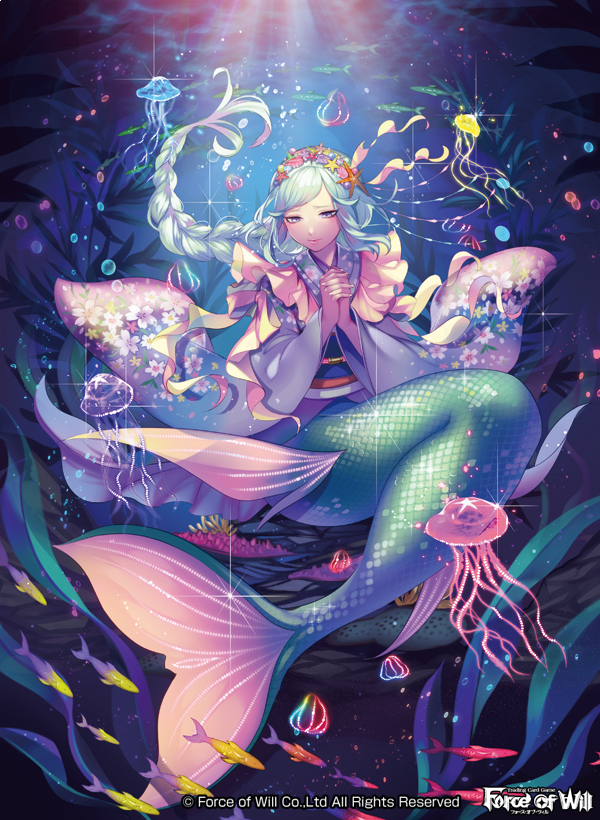 blue_eyes blue_hair braid bubble copyright_name coral fish force_of_will hairband japanese_clothes jellyfish long_hair matsurika_youko mermaid monster_girl official_art praying seashell shell sitting solo underwater