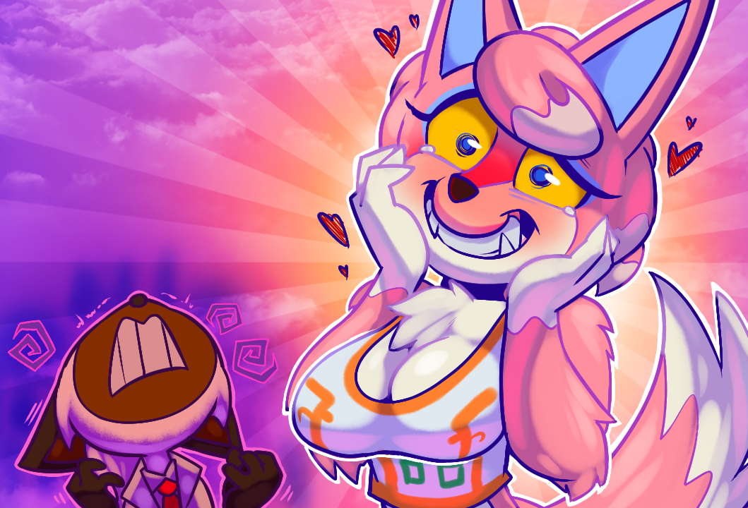 &lt;3 2018 abstract_background animal_crossing anthro blue_eyes blush breasts brown_fur canine cat chest_tuft cleavage clothed clothing conditional_dnp duo fangs feline female freya_(animal_crossing) fur hair hands_on_face holding_head male mammal multicolored_fur necktie nintendo percy_(teckworks) pink_fur pink_hair shirt short_stack siamese smile spiral tears teckworks teeth tuft video_games white_fur wolf yellow_sclera