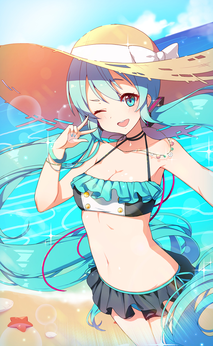 ;d absurdly_long_hair arm_up bangs bare_shoulders beach bikini black_bikini blue_eyes blue_hair blue_nails blush bow breasts cleavage collarbone commentary_request day eyebrows_visible_through_hair fingernails hair_between_eyes hair_ornament hat hat_bow hatsune_miku head_tilt highres jewelry long_hair medium_breasts nail_polish necklace ocean one_eye_closed open_mouth outdoors round_teeth sand seashell shell smile solo standing starfish straw_hat sun_hat swimsuit teeth tp_(kido_94) twintails upper_teeth v very_long_hair vocaloid water white_bow