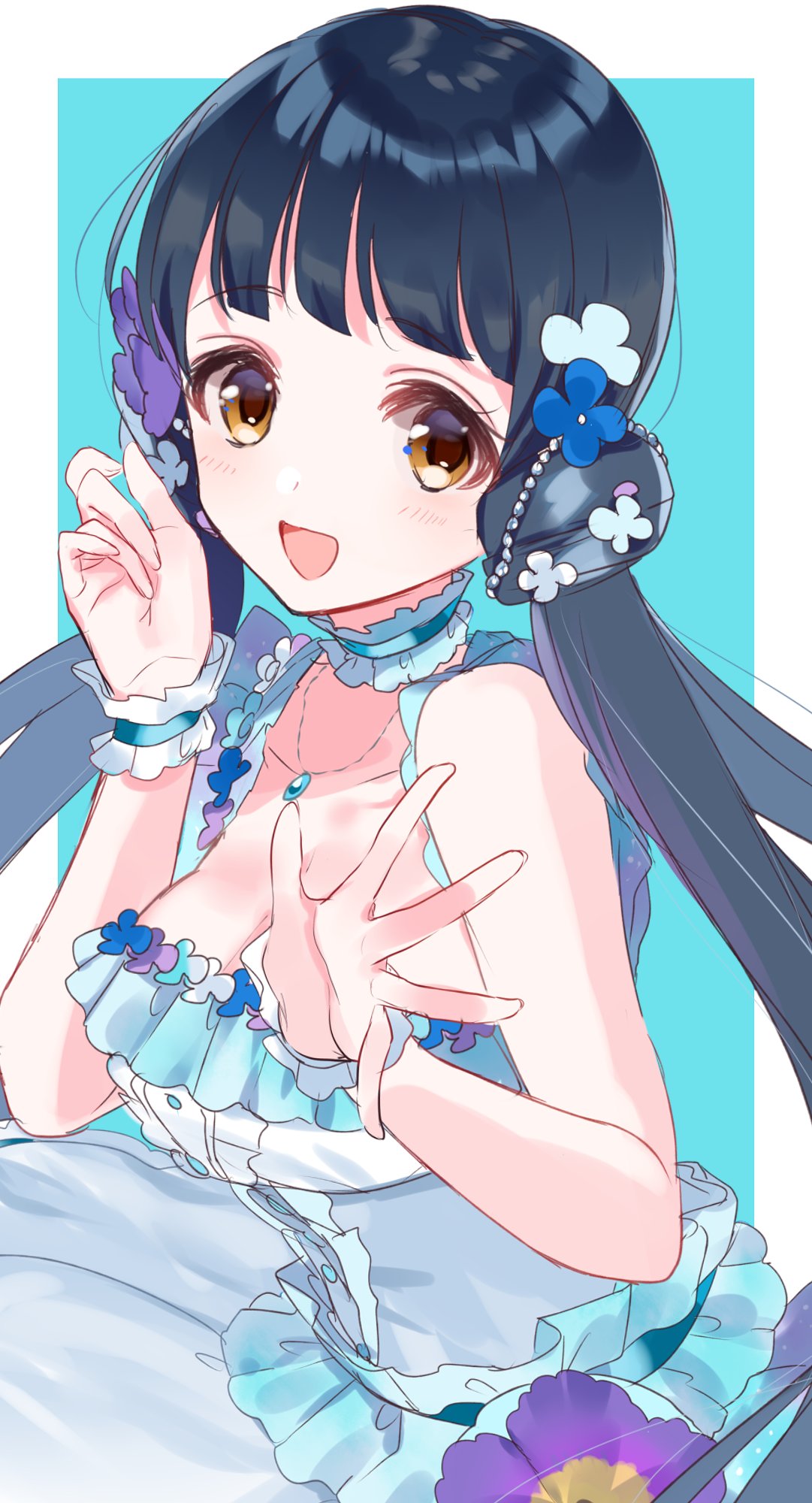 :d bare_arms bare_shoulders blue_background blue_dress blue_hair blush border brown_eyes dress flower highres idolmaster idolmaster_million_live! jewelry kitakami_reika long_hair looking_at_viewer low_twintails misumi_(macaroni) necklace open_mouth purple_flower scrunchie sleeveless smile solo twintails upper_body white_border white_scrunchie wrist_scrunchie