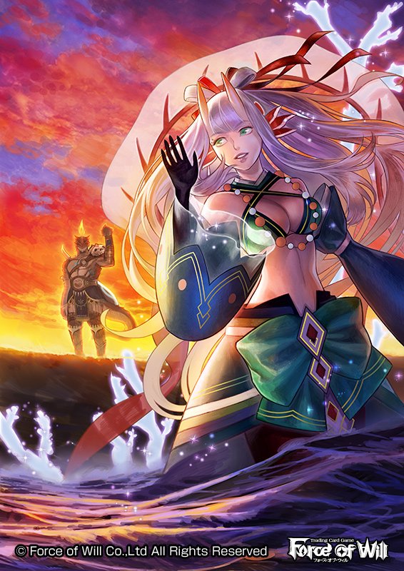 1girl blonde_hair breasts cleavage cloud cloudy_sky copyright_name coral force_of_will furry gloves green_eyes hair_ornament higurashi_nakaba horns kirik_rerik_(force_of_will) lizard_tail long_hair mermaid midriff monster_girl official_art shaela_(force_of_will) sky sparkle tail water white_hair
