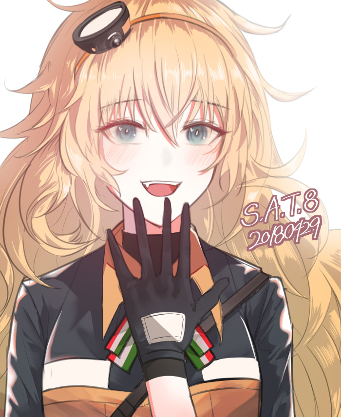 blonde_hair cizzi girls_frontline gloves green_eyes hairband jacket long_hair looking_at_viewer open_mouth s.a.t.8_(girls_frontline) sharp_teeth teeth yellow_hairband yellow_jacket