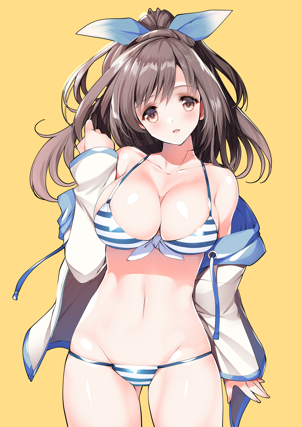 bikini blush bow breasts brown_eyes brown_hair cleavage collarbone front-tie_top hair_bow high_ponytail highres idolmaster idolmaster_shiny_colors jacket large_breasts long_hair looking_at_viewer navel open_clothes open_jacket open_mouth orange_background simple_background smile solo striped striped_bikini swimsuit tamiya_akito tsukioka_kogane