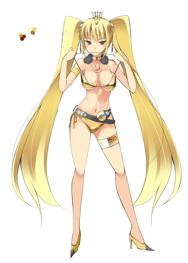 armlet bare_shoulders belt bikini blonde_hair breasts closed_mouth color_guide crown full_body gold_rathian hands_up high_heels large_breasts legband long_hair looking_at_viewer mini_crown monster_hunter navel oota_yuuichi personification rathian simple_background solo standing swimsuit twintails very_long_hair white_background yellow_bikini yellow_footwear