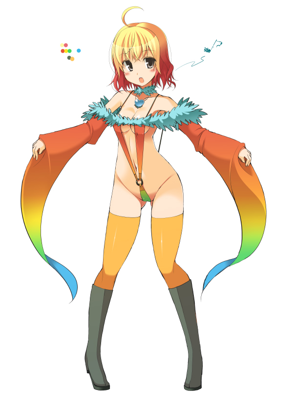 ahoge ass_visible_through_thighs blonde_hair blush boots breasts color_guide crimson_qurupeco full_body fur_collar gradient_clothes gradient_hair green_eyes grey_footwear jewelry long_sleeves monster_hunter multicolored_hair musical_note navel necklace o-ring oota_yuuichi open_mouth orange_legwear personification rainbow_gradient short_hair simple_background slingshot_swimsuit solo standing swimsuit white_background wide_sleeves