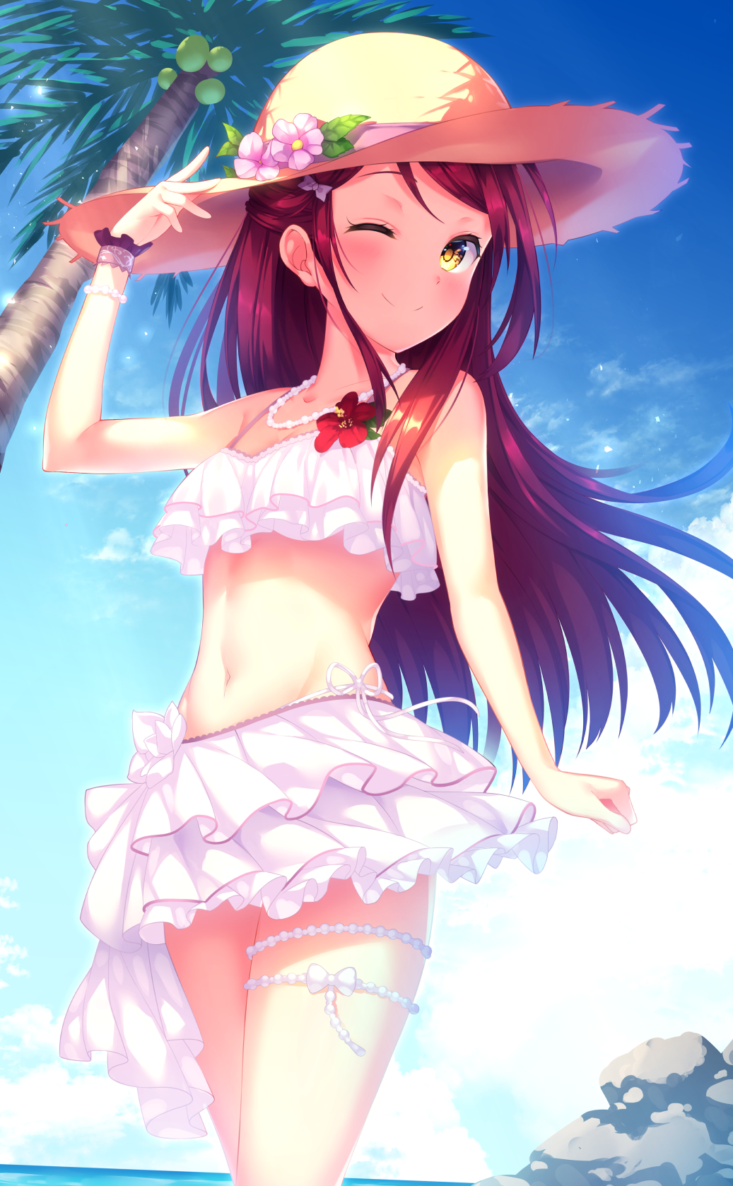 ;) bikini bikini_skirt bow bracelet clenched_hand commentary_request corsage day flower hair_bow half_updo hand_on_headwear hat hat_flower highres jewelry kyouou_ena light_blush long_hair love_live! love_live!_sunshine!! navel necklace one_eye_closed outdoors palm_tree pearl pearl_bracelet pink_flower purple_bow red_flower red_hair sakurauchi_riko smile solo straw_hat sun_hat swimsuit thighlet tree white_bikini yellow_eyes