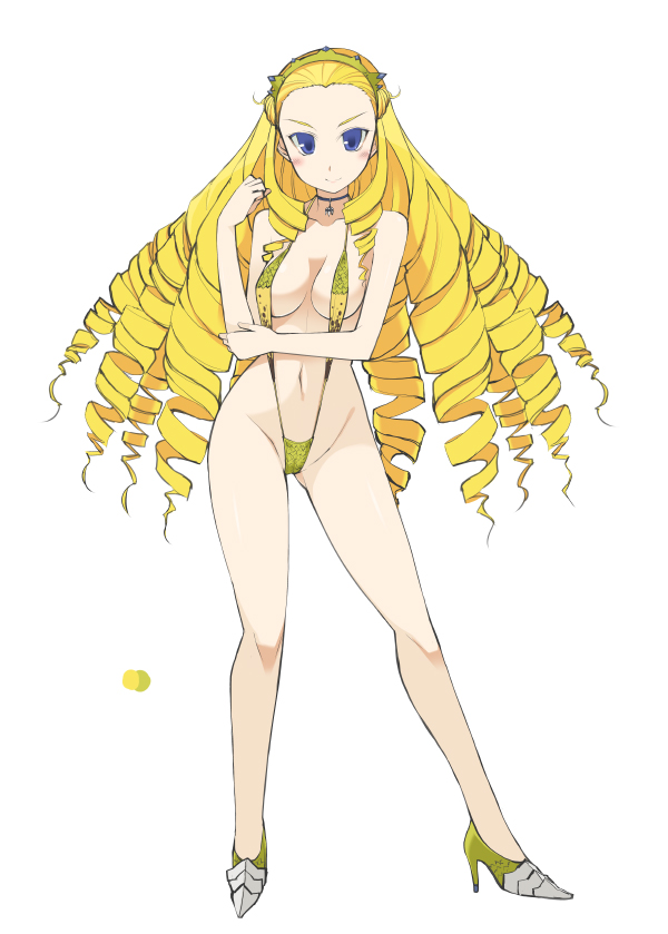 black_choker blonde_hair blue_eyes blush breasts choker color_guide contrapposto drill_hair forehead full_body hairband hand_up high_heels monster_hunter navel oota_yuuichi personification royal_ludroth simple_background slingshot_swimsuit smile solo standing swimsuit white_background yellow_footwear yellow_swimsuit