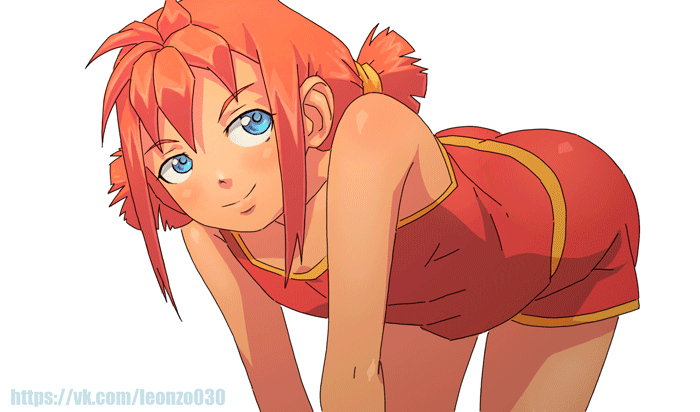 all_fours animated animated_gif ass_shake blue_eyes closed_mouth everlasting_summer leonzo looking_at_viewer red_hair shorts simple_background singlet smile solo twintails ussr-tan white_background