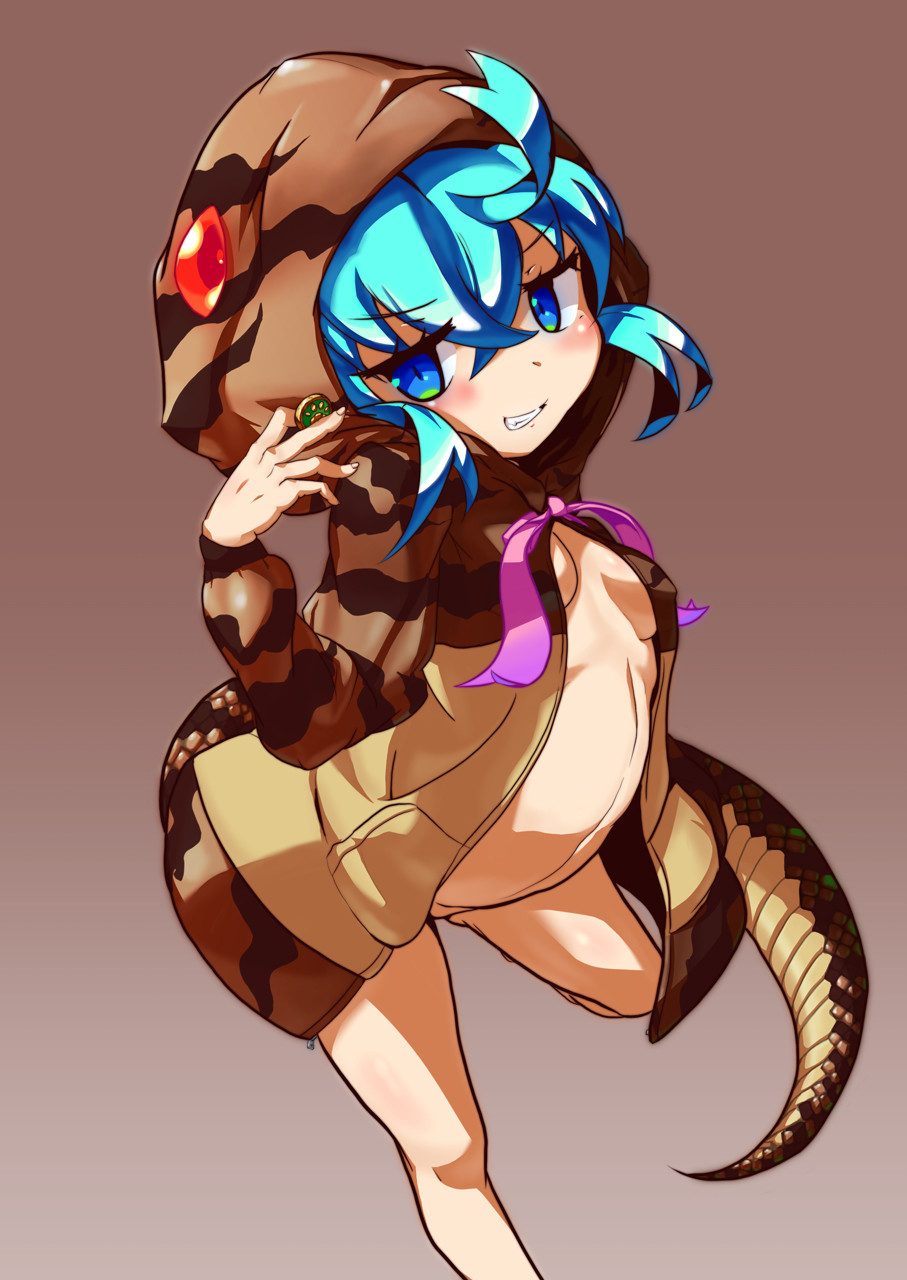 a-tuy blue_eyes blue_hair bottomless breasts grin hood hoodie kemono_friends naked_hoodie open_clothes small_breasts tail tsuchinoko_(kemono_friends)