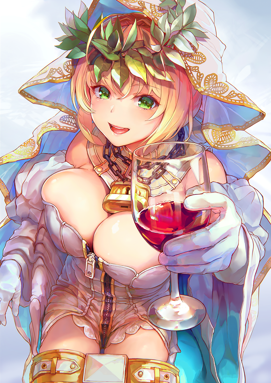 alcohol belt blonde_hair breasts bursting_breasts chain cleavage cowboy_shot cup drinking_glass fate/grand_order fate_(series) gloves green_eyes highres holding holding_cup large_breasts lock looking_at_viewer nero_claudius_(bride)_(fate) nero_claudius_(fate)_(all) open_mouth padlock short_hair smile solo tocope veil white_gloves white_sleeves wine wine_glass zipper