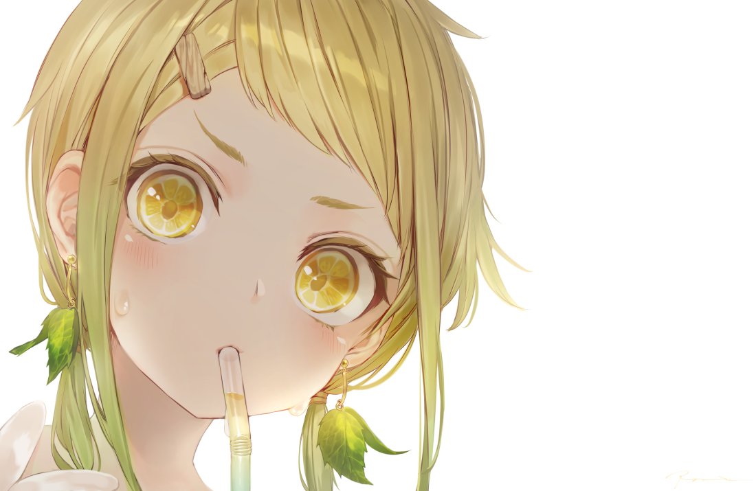 bangs bendy_straw blonde_hair blush drinking_straw earrings face food fruit fruit_eyes gradient_hair green_hair hair_ornament hair_tie hairclip head_tilt jewelry leaf_earrings lemon lemon_slice lemonade looking_at_viewer low_twintails mouth_hold multicolored_hair original parted_bangs ryota_(ry_o_ta) shiny shiny_hair short_hair sidelocks simple_background solo sweat symbol-shaped_pupils twintails white_background wood yellow_eyes
