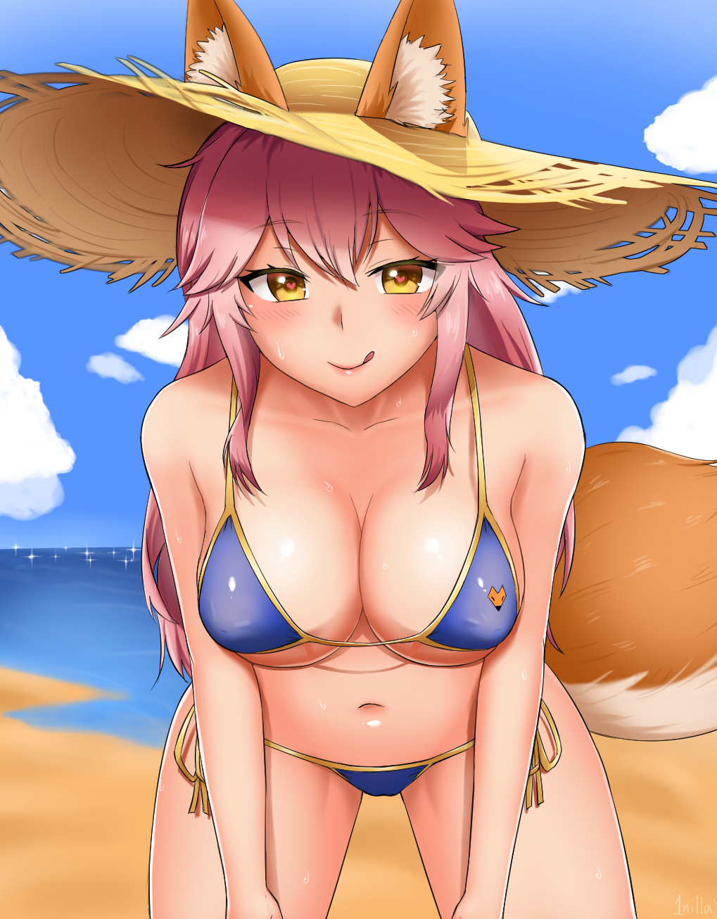 1nilla' :q animal_ear_fluff animal_ears bangs beach bikini blue_bikini blush breasts covered_nipples cowboy_shot day ears_through_headwear eyebrows_visible_through_hair fate/grand_order fate_(series) fox_ears fox_print fox_tail hat heart heart-shaped_pupils highres inverted_nipples large_breasts leaning_forward licking_lips long_hair looking_at_viewer navel ocean outdoors pink_hair side-tie_bikini sky solo straw_hat sun_hat swimsuit symbol-shaped_pupils tail tamamo_(fate)_(all) tamamo_no_mae_(fate) tamamo_no_mae_(swimsuit_lancer)_(fate) tongue tongue_out wet yellow_eyes