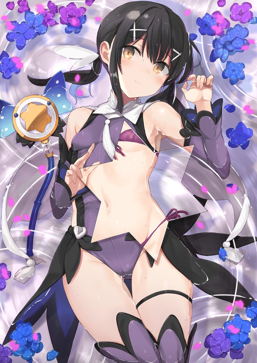 black_hair blush breasts brown_eyes commentary_request detached_sleeves expressionless fate/kaleid_liner_prisma_illya fate_(series) flower front-tie_bikini front-tie_top hair_ornament highres jpeg_artifacts leotard lying magical_sapphire miyu_edelfelt nanananana navel on_back partially_submerged petals purple_bikini purple_legwear revealing_cutout side-tie_bikini sidelocks small_breasts string_bikini swimsuit thighhighs thighlet twintails x_hair_ornament