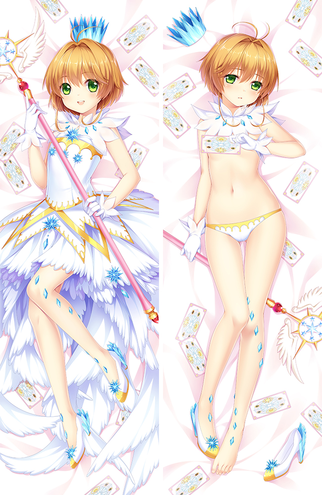 :d antenna_hair ass_visible_through_thighs barefoot blush brown_hair card cardcaptor_sakura clear_card convenient_arm crown crown_removed dakimakura detached_collar eyebrows_visible_through_hair from_above full_body gloves green_eyes hair_between_eyes hair_intakes head_tilt high_heels holding holding_card kinomoto_sakura looking_at_viewer lying multiple_views navel on_back open_mouth panties parted_lips shirt shoe_removed shoes single_shoe skirt smile summer-d_(dodojune) topless underwear wand white_footwear white_gloves white_panties white_shirt white_skirt yume_no_tsue