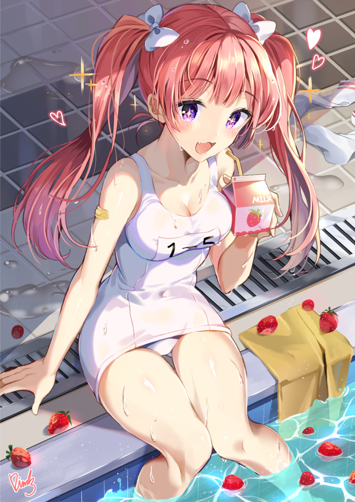 1girl :3 :d aisha_(elsword) bandaid_on_arm bangs bare_arms bare_legs bare_shoulders bendy_straw blush bow breasts cleavage collarbone commentary drinking_straw elsword eyebrows_visible_through_hair fang food fruit hair_bow heart holding knees_together_feet_apart long_hair looking_at_viewer medium_breasts milk_carton old_school_swimsuit one-piece_swimsuit open_mouth pinb poolside purple_eyes red_hair school_swimsuit sidelocks sitting smile soaking_feet socks_removed solo strawberry strawberry_milk swimsuit symbol_commentary twintails very_long_hair water wet white_bow white_legwear white_school_swimsuit white_swimsuit