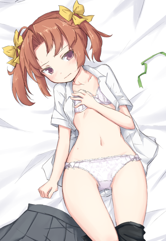 bangs bed_sheet black_shorts bow bow_bra bow_panties bra breasts brown_eyes brown_hair closed_mouth collarbone crotch_seam dress_shirt embarrassed from_above frown green_ribbon hair_bow head_tilt kagerou_(kantai_collection) kakizaki_(chou_neji) kantai_collection lace lace-trimmed_bra lace-trimmed_panties looking_at_viewer lying navel no_pants on_back on_bed open_clothes open_shirt panties ribbon shirt short_hair shorts shorts_pull skirt skirt_removed small_breasts solo twintails underwear white_bra white_panties white_shirt yellow_bow