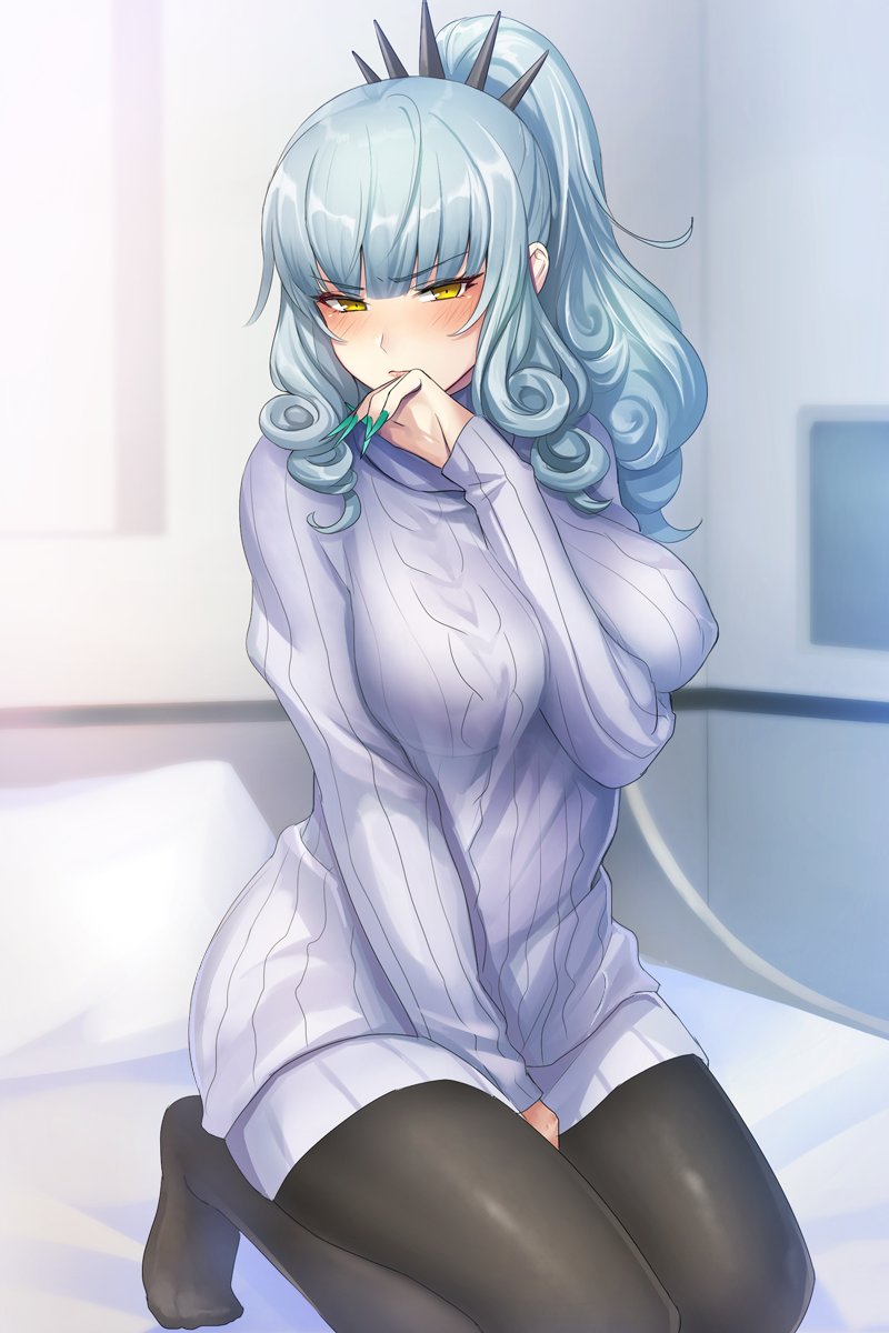 3: aran_sweater arm_between_breasts between_legs black_legwear blush breasts carmilla_(fate/grand_order) closed_mouth commentary_request curly_hair eyebrows_visible_through_hair fate/grand_order fate_(series) fingernails green_nails hand_between_legs highres large_breasts looking_at_viewer nail_polish no_shoes on_bed pantsu_majirou pantyhose ponytail ribbed_sweater sharp_fingernails silver_hair solo sweater turtleneck turtleneck_sweater yellow_eyes