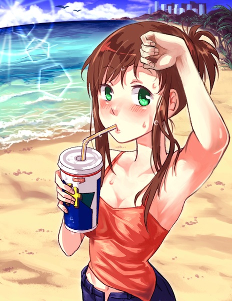 armpits beach blush breasts brown_hair building city cleavage commentary_request cross cup day denim drinking drinking_straw eyebrows_visible_through_hair green_eyes jeans long_hair navel ocean open_fly outdoors pants piyopiyomonzya624 solo sophia_esteed star_ocean star_ocean_till_the_end_of_time sun sunlight sweat tank_top tree