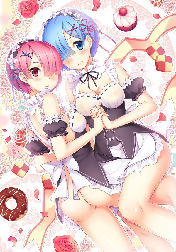ass blue_eyes blue_hair blush breasts checkerboard_cookie cherry cleavage closed_mouth cookie cupcake detached_sleeves doughnut dutch_angle flower food fruit hair_ornament holding_hands looking_at_viewer maid maid_headdress medium_breasts multiple_girls no_pants parted_lips petals pink_eyes pink_hair ram_(re:zero) re:zero_kara_hajimeru_isekai_seikatsu red_flower red_rose rem_(re:zero) ribbon-trimmed_clothes ribbon_trim rose short_hair siblings sisters smile summer-d_(dodojune) twins x_hair_ornament