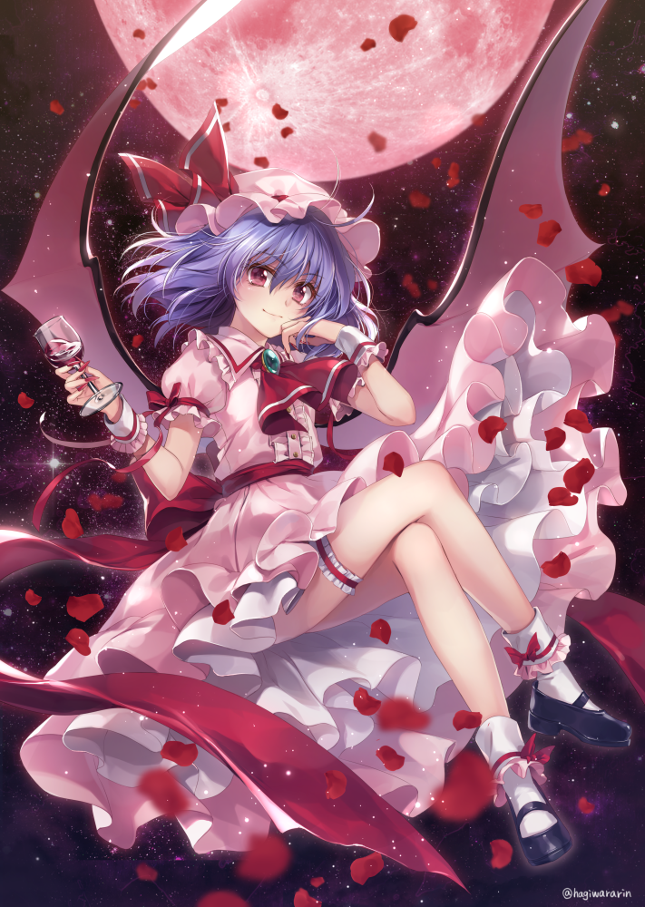 bare_legs breasts commentary_request crossed_legs cup demon_wings dress drinking_glass fingernails flying frilled_dress frills full_body full_moon hagiwara_rin hand_on_own_cheek hat hat_ribbon holding holding_cup lavender_hair leg_garter looking_at_viewer mary_janes medium_hair mob_cap moon nail_polish night night_sky outdoors petals pink_dress puffy_short_sleeves puffy_sleeves red_eyes red_moon red_nails red_ribbon remilia_scarlet ribbon ribbon-trimmed_dress sharp_fingernails shoes short_sleeves sky small_breasts smile solo star_(sky) starry_sky touhou vampire wine_glass wings wrist_cuffs