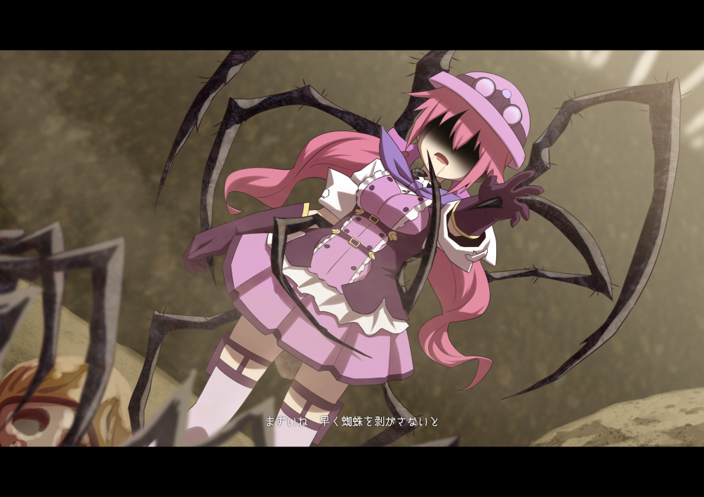 bug flower_knight_girl goggles goggles_on_headwear hair_ornament hat komachisou_(flower_knight_girl) looking_at_viewer mizunashi_(second_run) open_mouth outstretched_arm pink_hair saliva shaded_face spider translation_request