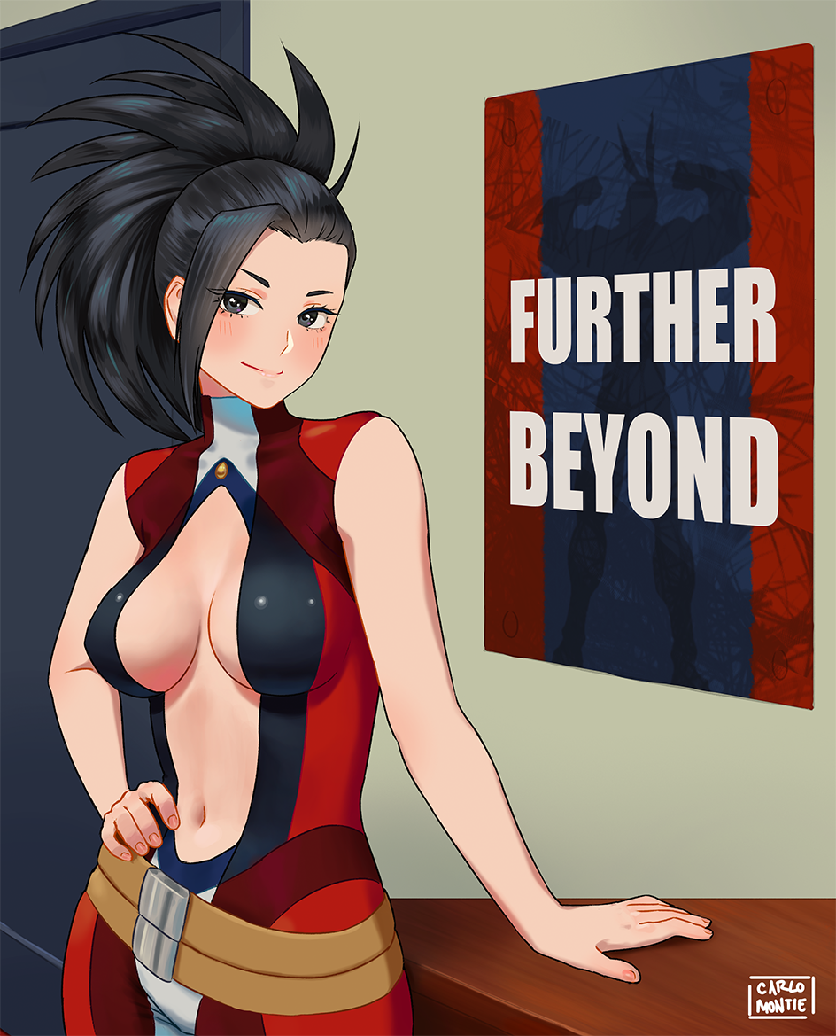 bare_shoulders belt black_eyes black_hair blush bodysuit boku_no_hero_academia breasts breasts_apart carlo_montie center_opening covered_nipples hand_on_hip indoors large_breasts light_smile looking_at_viewer loose_belt navel no_bra ponytail poster smile solo yaoyorozu_momo