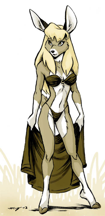 2003 anthro bikini blonde_hair cervine clothing female hair hooves mammal megan_giles midriff swimsuit