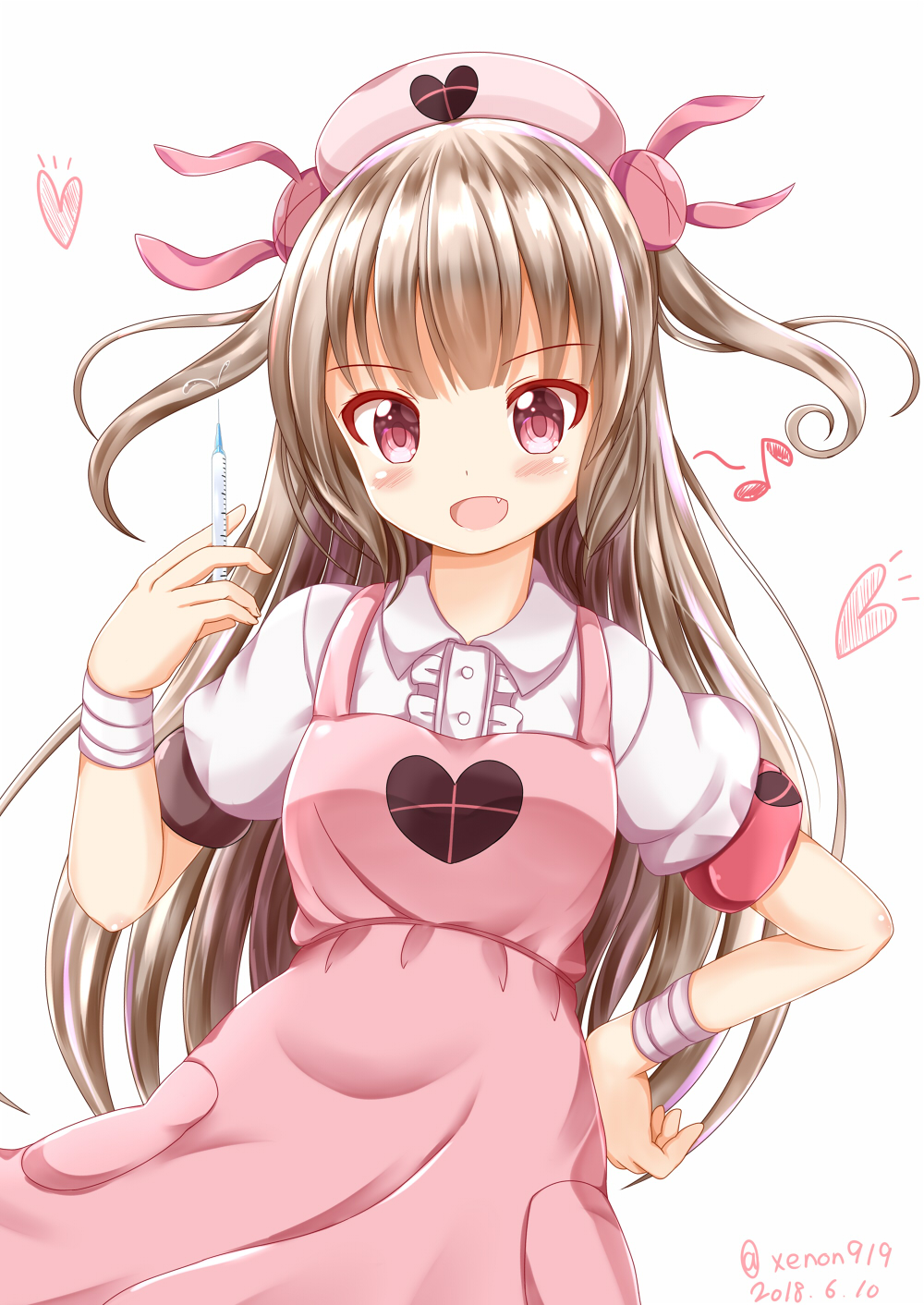 &gt;_&lt; :d apron armband bandaged_arm bandages bangs between_fingers blush bunny_hair_ornament center_frills collared_shirt commentary_request dated eighth_note eyebrows_visible_through_hair fang frills hair_ornament hand_on_hip hand_up hat heart highres holding holding_syringe light_brown_hair long_hair musical_note natori_sana nurse_cap open_mouth pink_apron pink_hat puffy_short_sleeves puffy_sleeves red_eyes sana_channel shirt short_sleeves simple_background smile solo syringe twitter_username two_side_up very_long_hair virtual_youtuber white_background white_shirt zenon_(for_achieve)