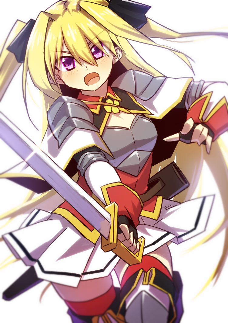 aburana_(flower_knight_girl) armor blonde_hair flower_knight_girl looking_at_viewer mizunashi_(second_run) open_mouth purple_eyes skirt solo sword twintails weapon